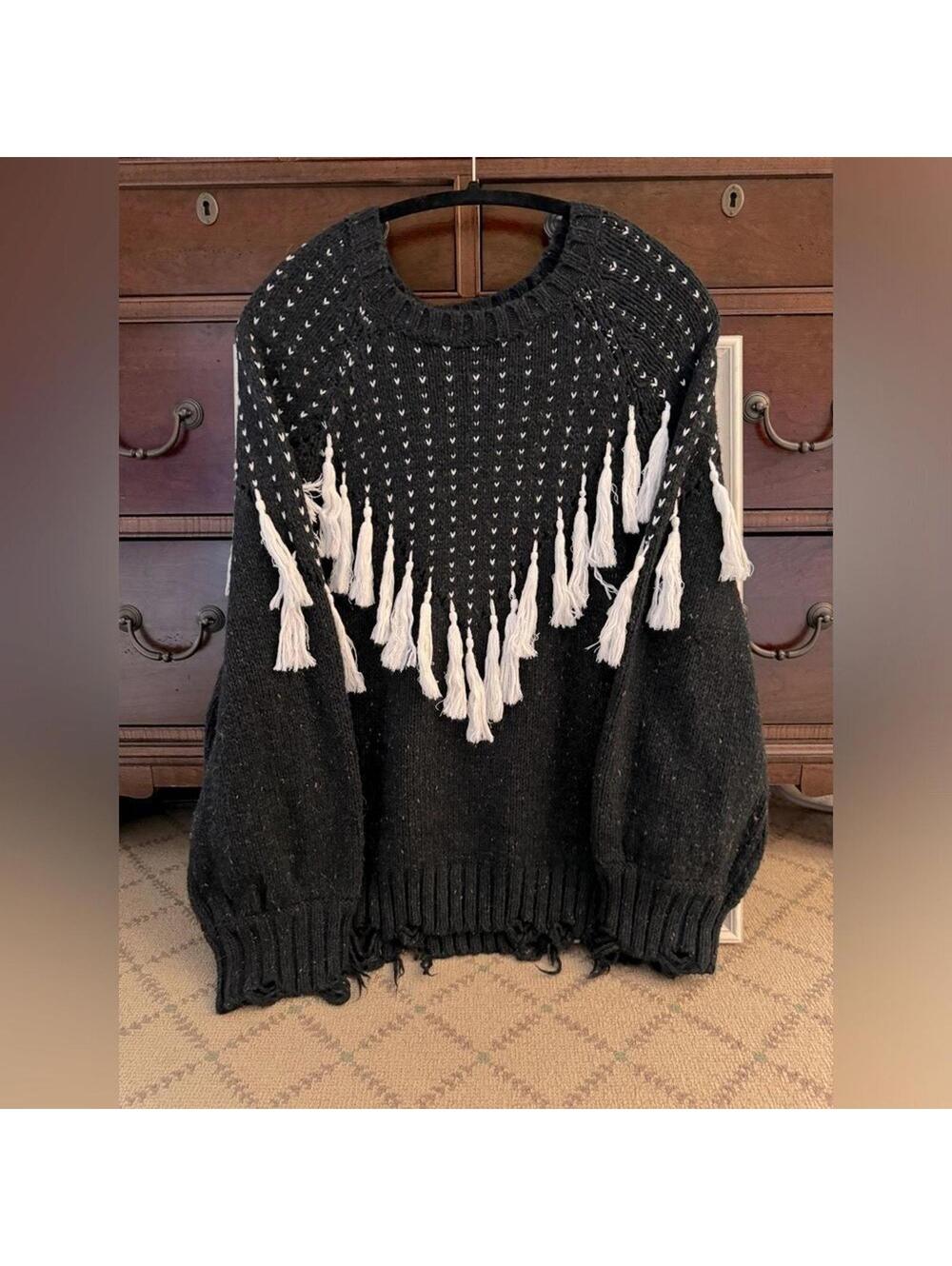 Wildfox navy blue crew neck long sleeve sweater with white tassels S